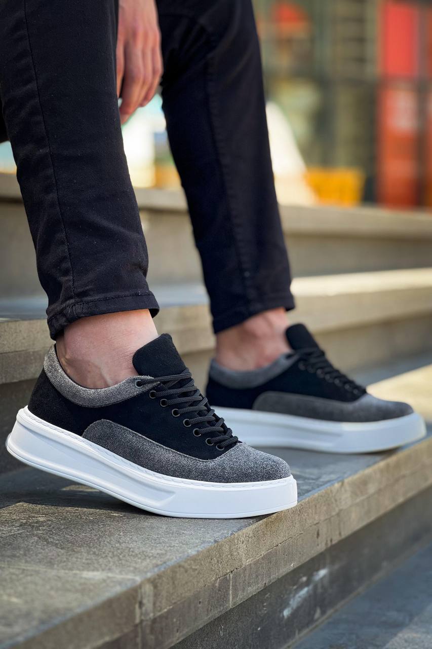 ZRK-X005 Yüksek Kalite Siyah Gri Süet Bağcıklı Kalın Taban Erkek Sneaker