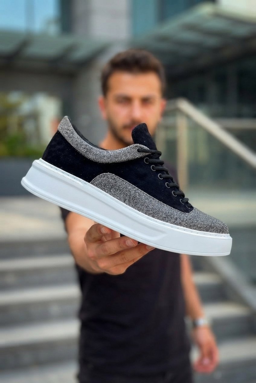 ZRK-X005 Yüksek Kalite Siyah Gri Süet Bağcıklı Kalın Taban Erkek Sneaker