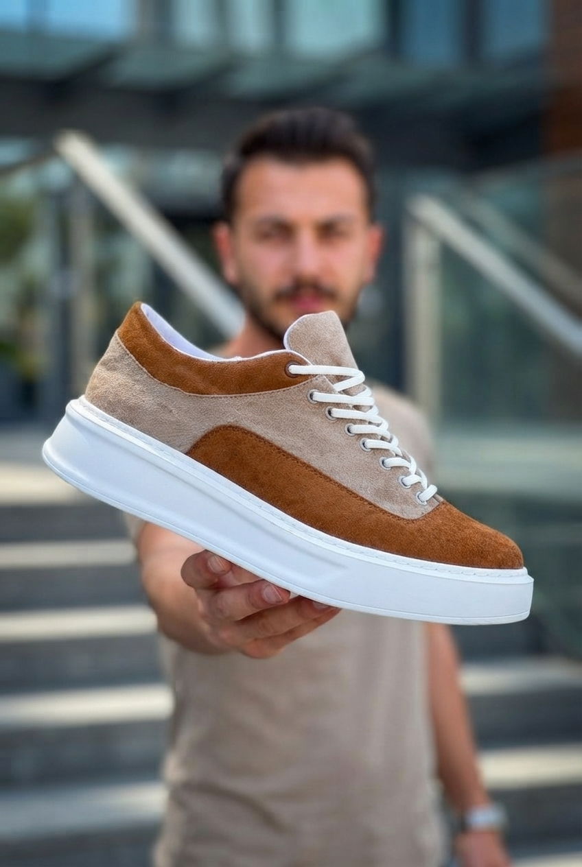 ZRK-X005 Yüksek Kalite Taba Süet Bağcıklı Kalın Taban Erkek Sneaker