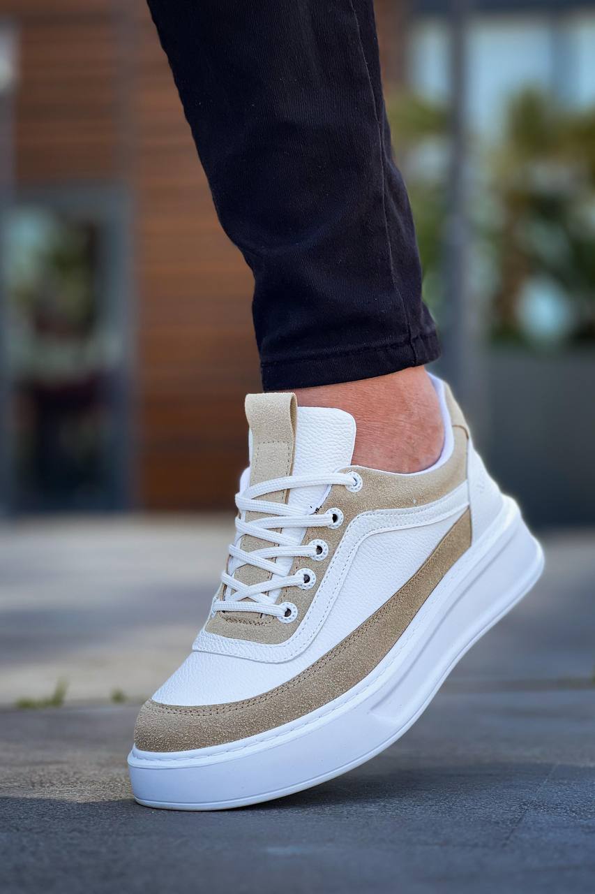 ZRK-X006 Premium Yüksek Taban Beyaz Bej Bağcıklı Erkek Sneaker