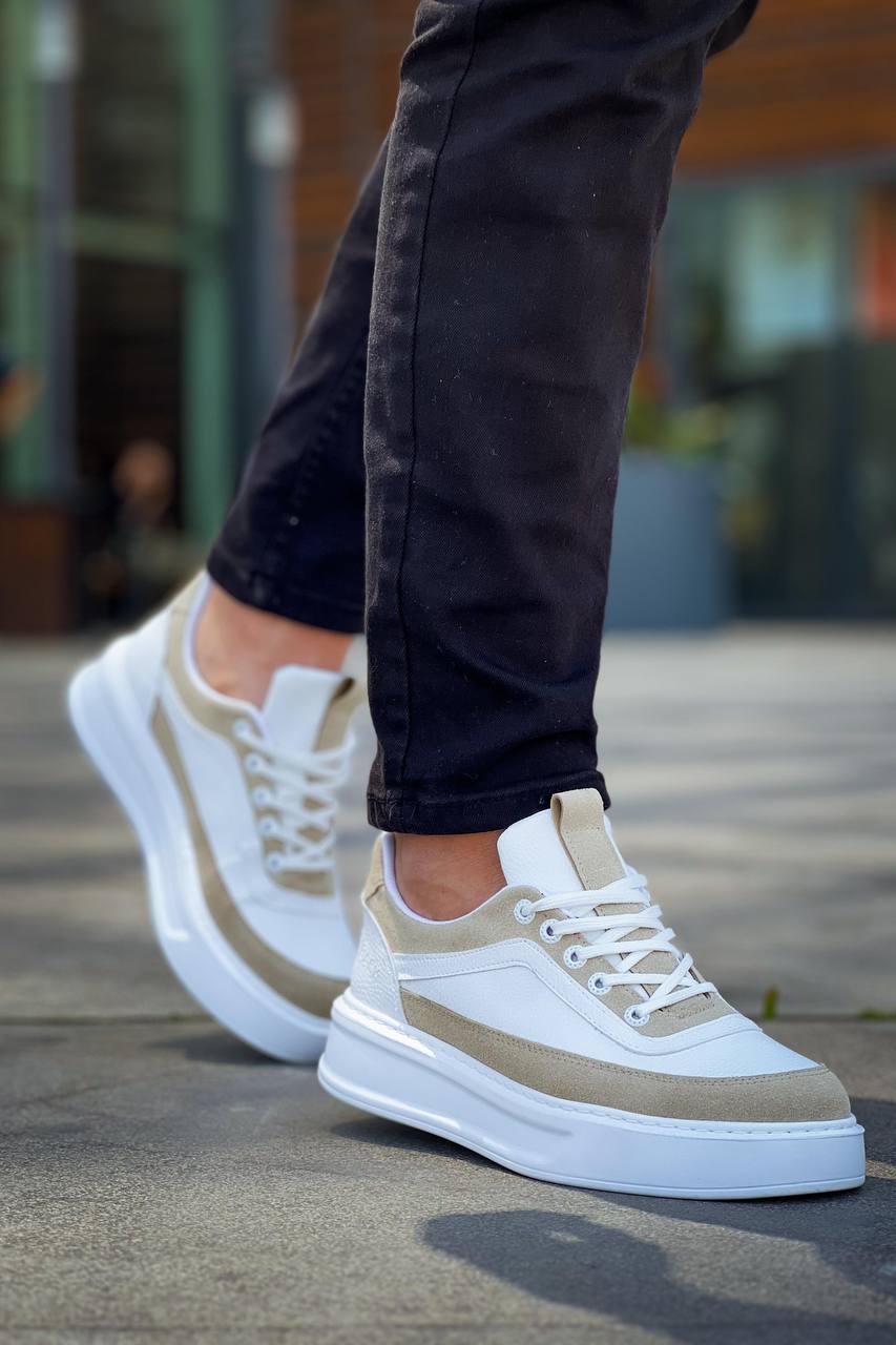 ZRK-X006 Premium Yüksek Taban Beyaz Bej Bağcıklı Erkek Sneaker