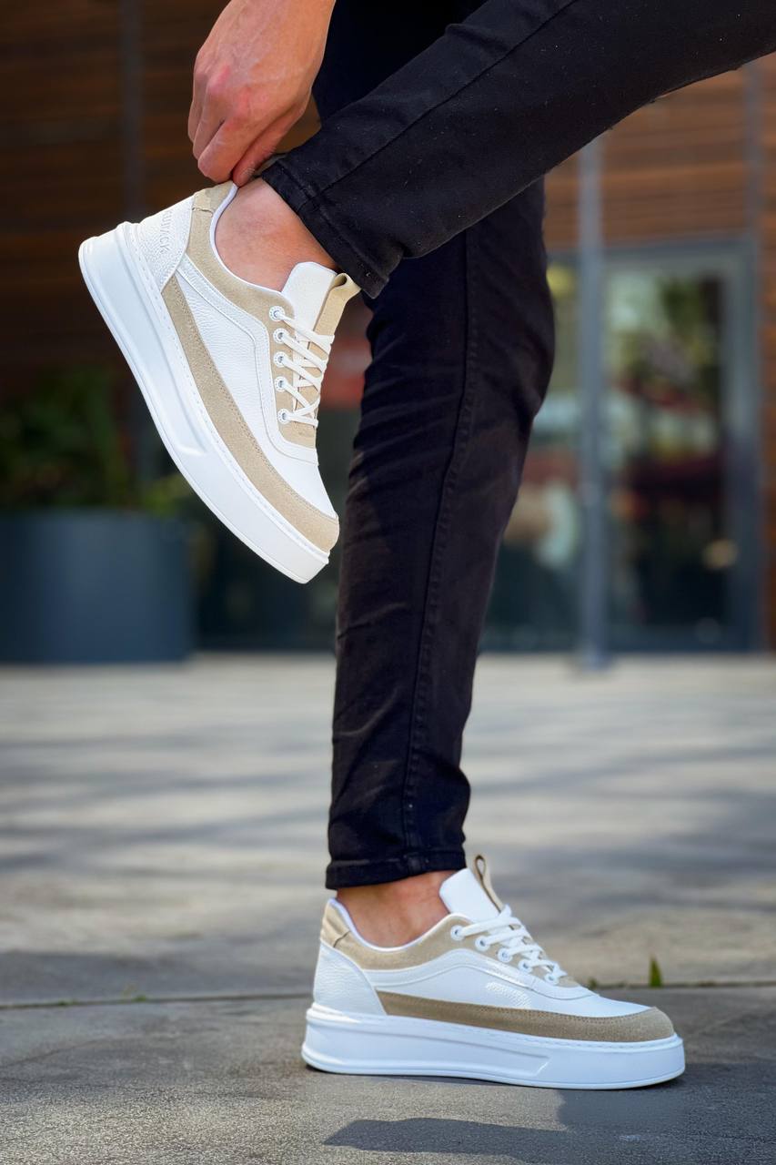 ZRK-X006 Premium Yüksek Taban Beyaz Bej Bağcıklı Erkek Sneaker