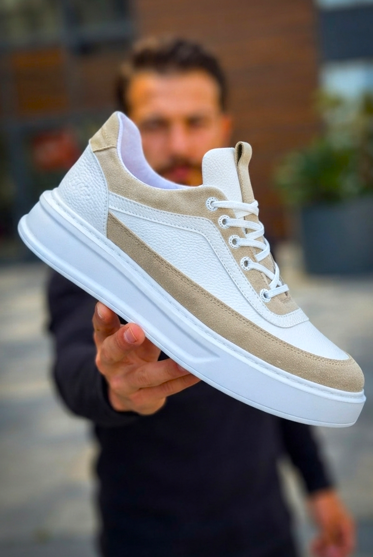 ZRK-X006 Premium Yüksek Taban Beyaz Bej Bağcıklı Erkek Sneaker
