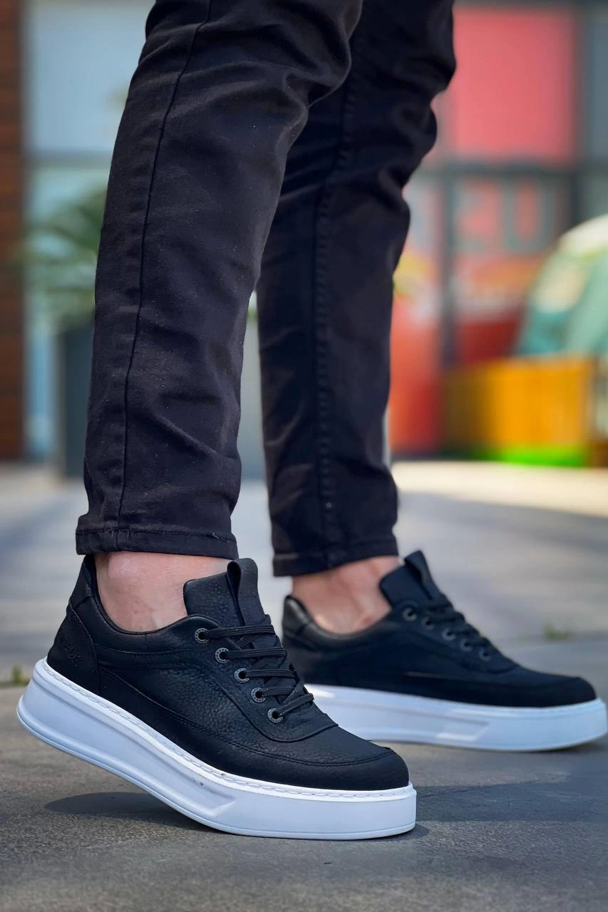 ZRN-006 Premium Siyah Beyaz Yüksek Taban Bağcıklı Günlük Erkek Spor Ayakkabı