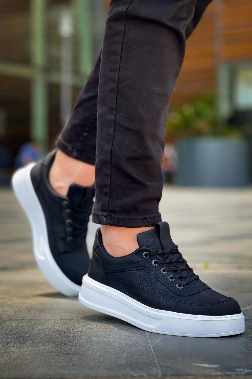 ZRN-006 Premium Siyah Beyaz Yüksek Taban Bağcıklı Günlük Erkek Spor Ayakkabı