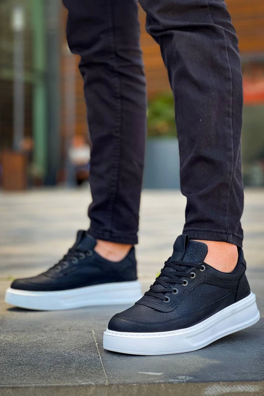 ZRN-006 Premium Siyah Beyaz Yüksek Taban Bağcıklı Günlük Erkek Spor Ayakkabı