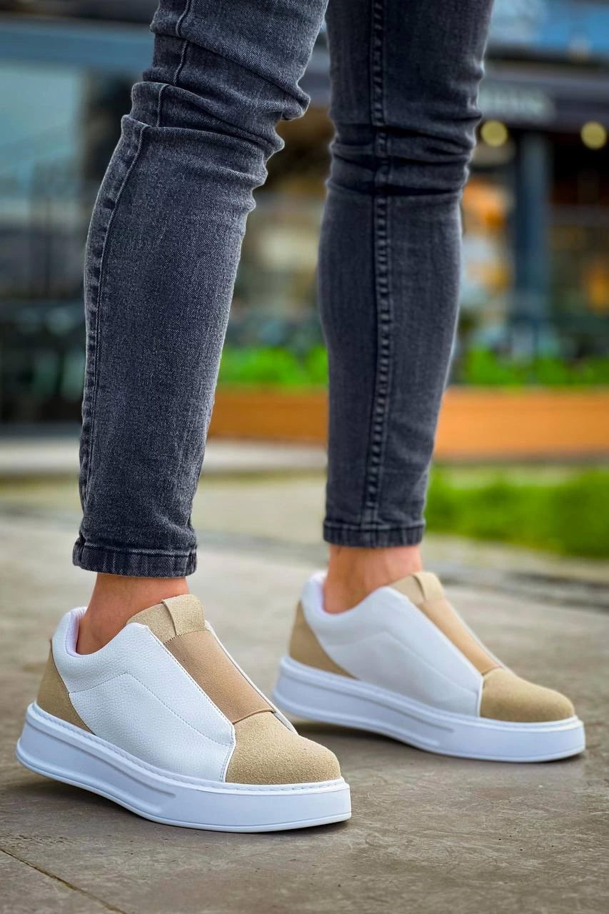 ZRN-007 Beyaz Bej Yüksek Taban Tek Bant Bağcıksız Günlük Comfort Erkek Sneaker