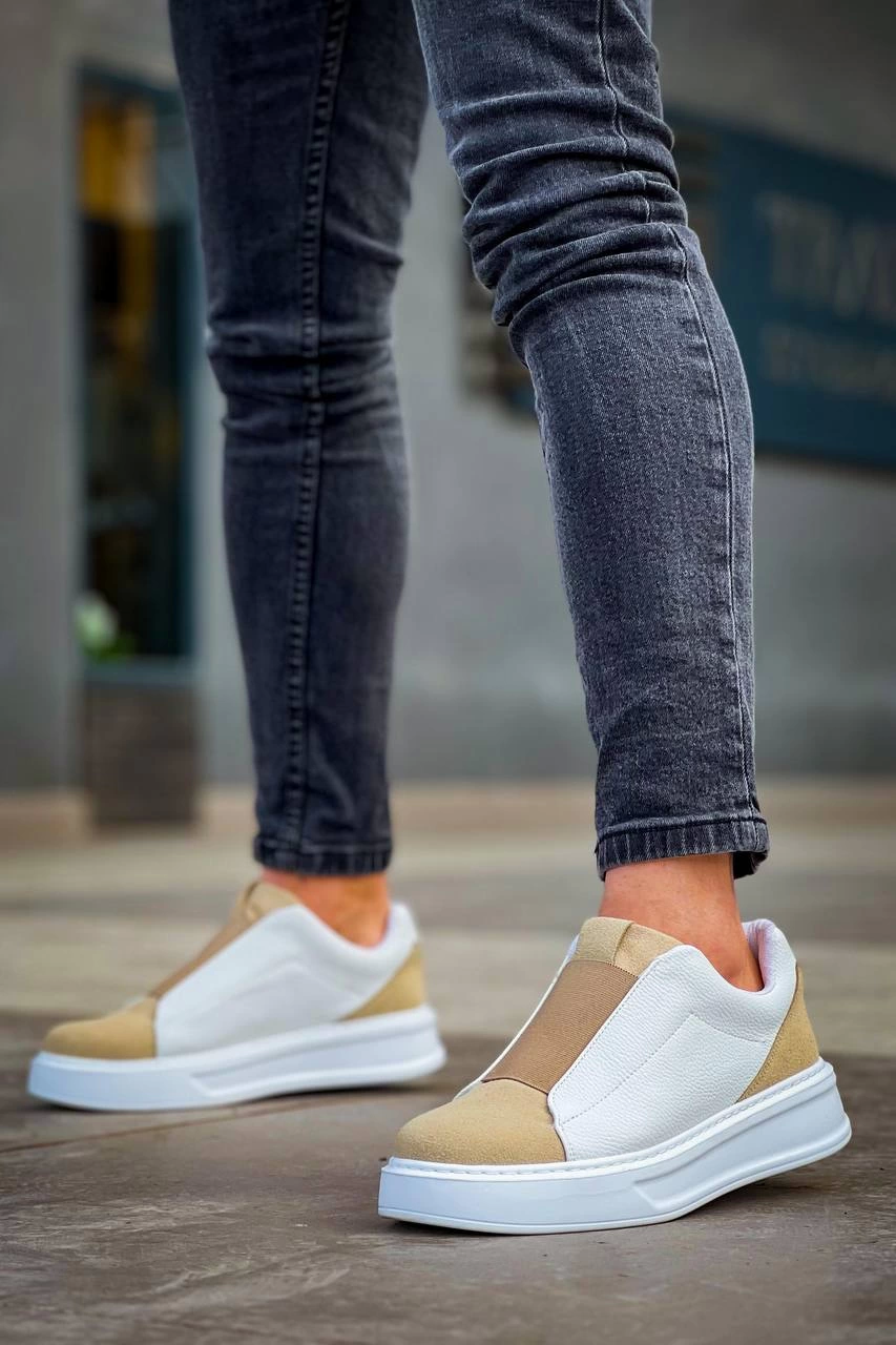 ZRN-007 Beyaz Bej Yüksek Taban Tek Bant Bağcıksız Günlük Comfort Erkek Sneaker