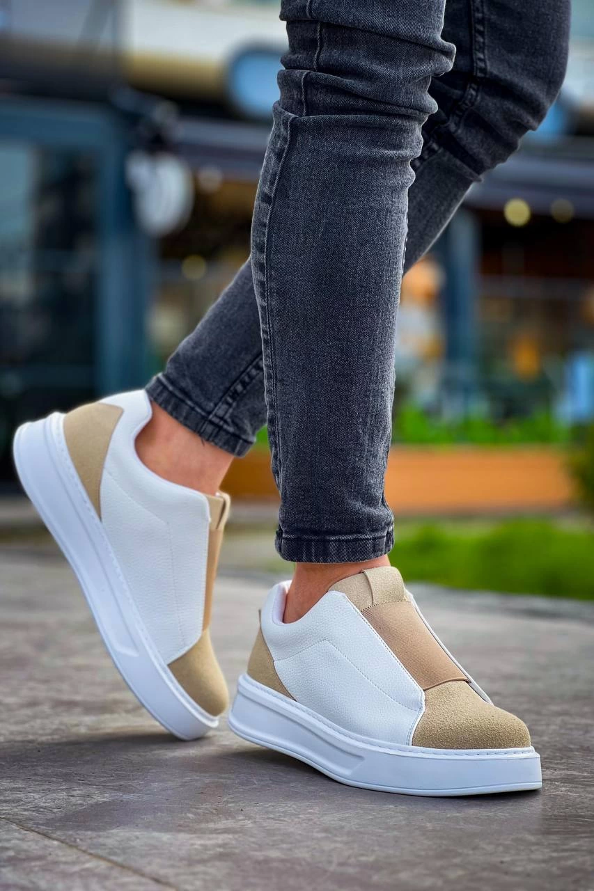 ZRN-007 Beyaz Bej Yüksek Taban Tek Bant Bağcıksız Günlük Comfort Erkek Sneaker