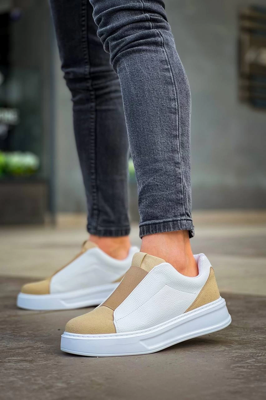 ZRN-007 Beyaz Bej Yüksek Taban Tek Bant Bağcıksız Günlük Comfort Erkek Sneaker