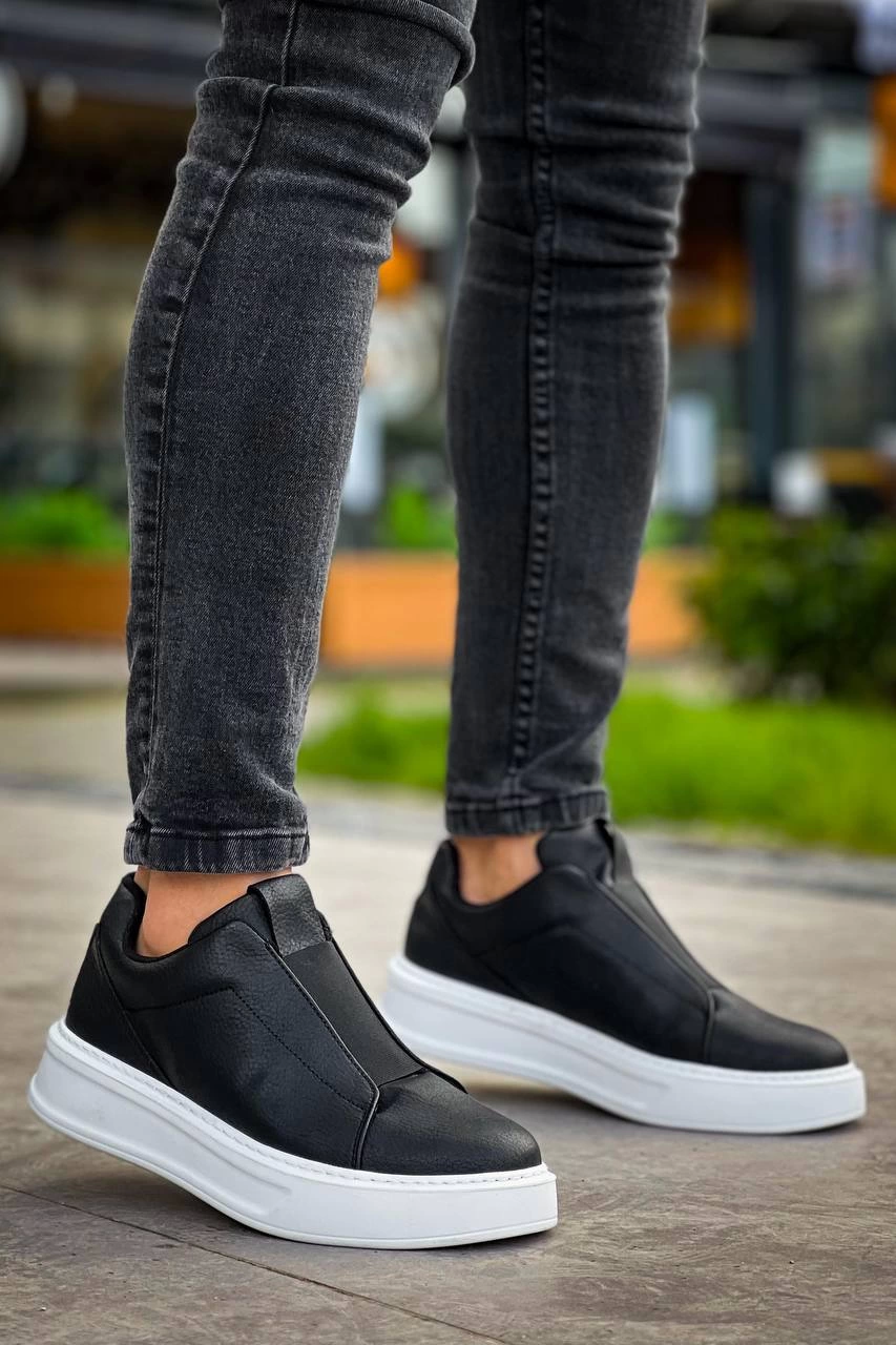 ZRN-007 Siyah Beyaz Yüksek Taban Tek Bant Bağcıksız Günlük Comfort Erkek Sneaker