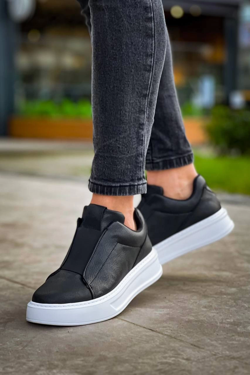 ZRN-007 Siyah Beyaz Yüksek Taban Tek Bant Bağcıksız Günlük Comfort Erkek Sneaker