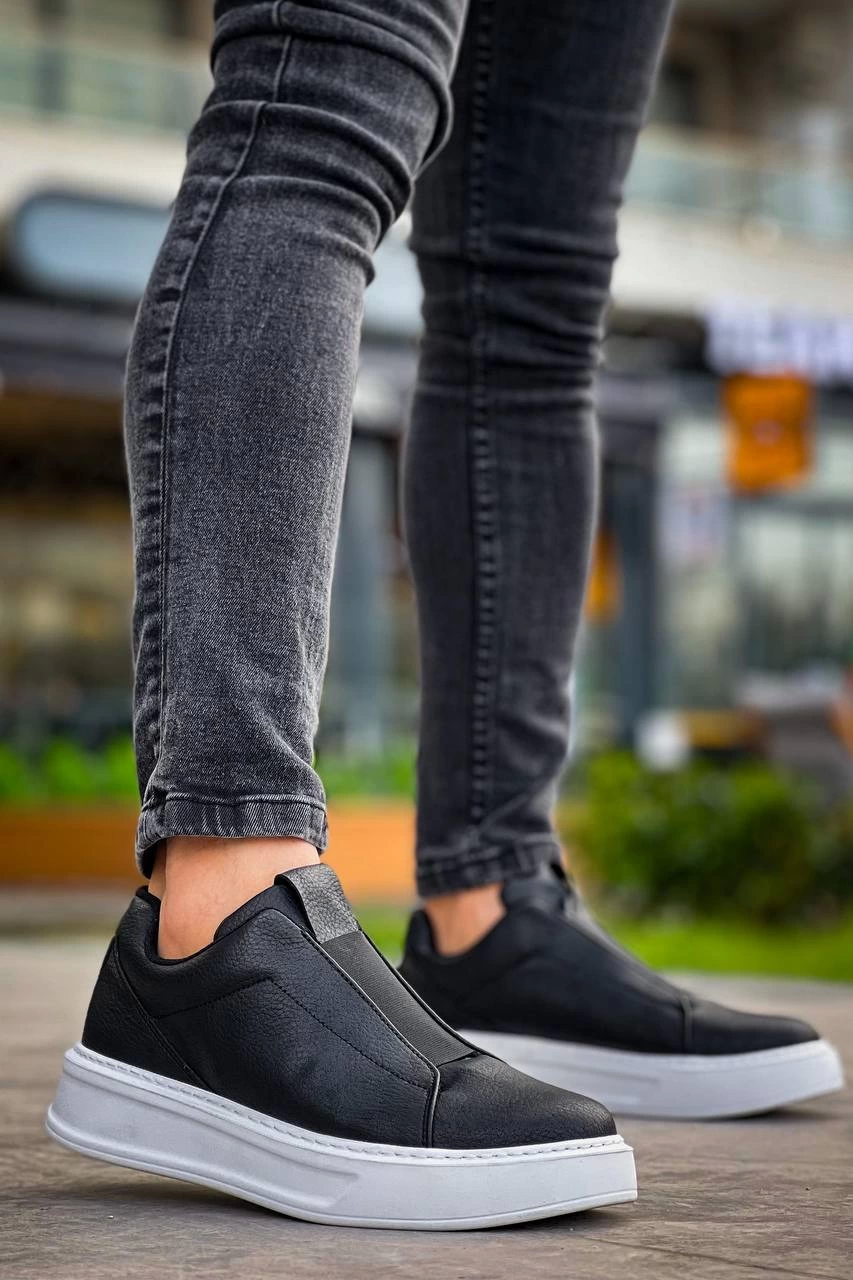 ZRN-007 Siyah Beyaz Yüksek Taban Tek Bant Bağcıksız Günlük Comfort Erkek Sneaker