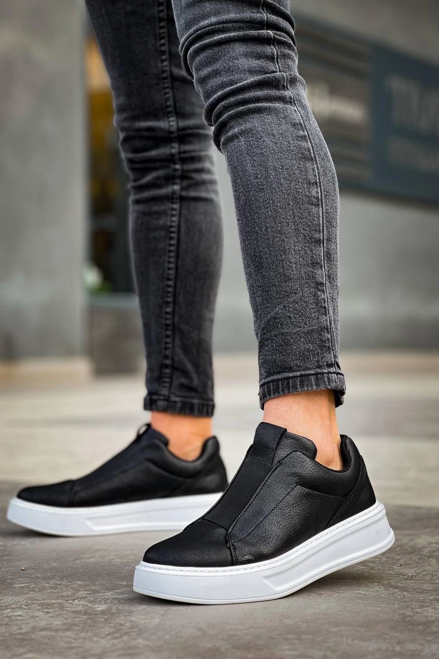 ZRN-007 Siyah Beyaz Yüksek Taban Tek Bant Bağcıksız Günlük Comfort Erkek Sneaker