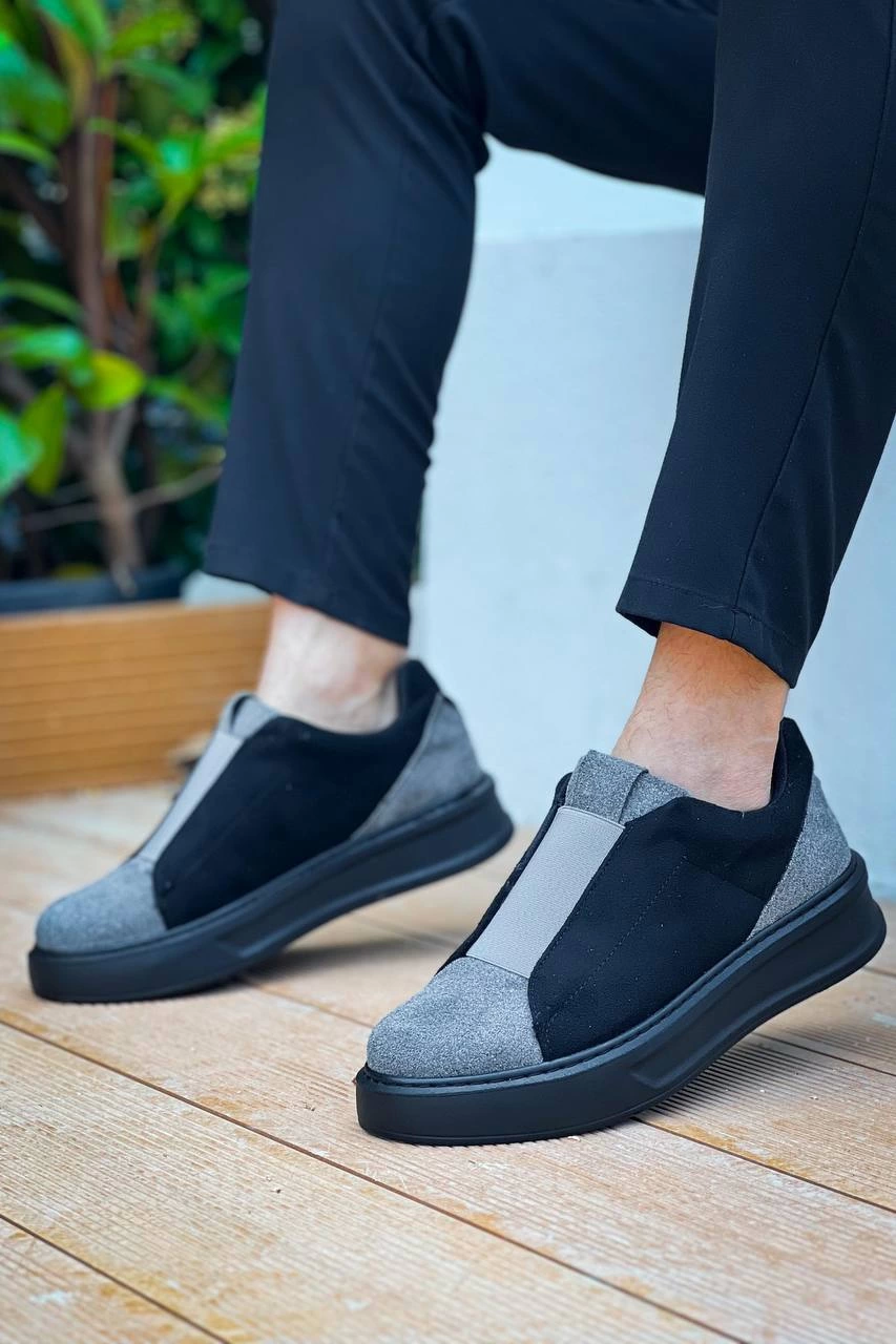 ZRN-007 Siyah Gri Yüksek Taban Tek Bant Bağcıksız Günlük Comfort Erkek Sneaker
