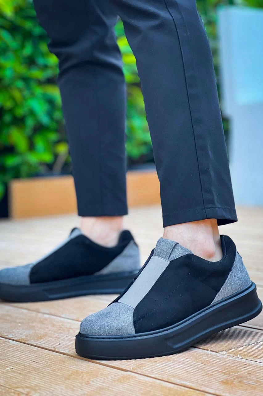 ZRN-007 Siyah Gri Yüksek Taban Tek Bant Bağcıksız Günlük Comfort Erkek Sneaker