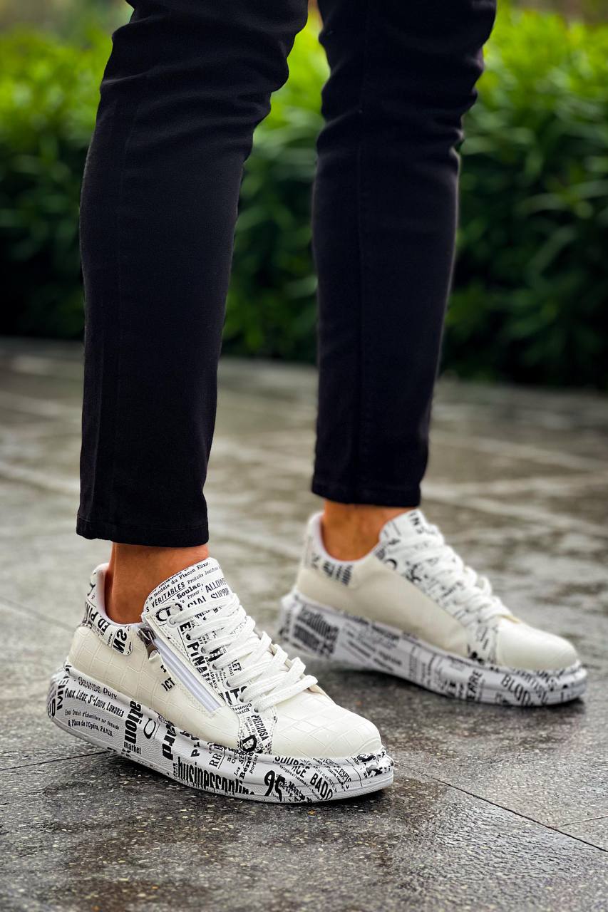 ZRK-X02 Premium Fermuarlı Bağcıklı Crocodile Beyaz Gazete Erkek Sneaker