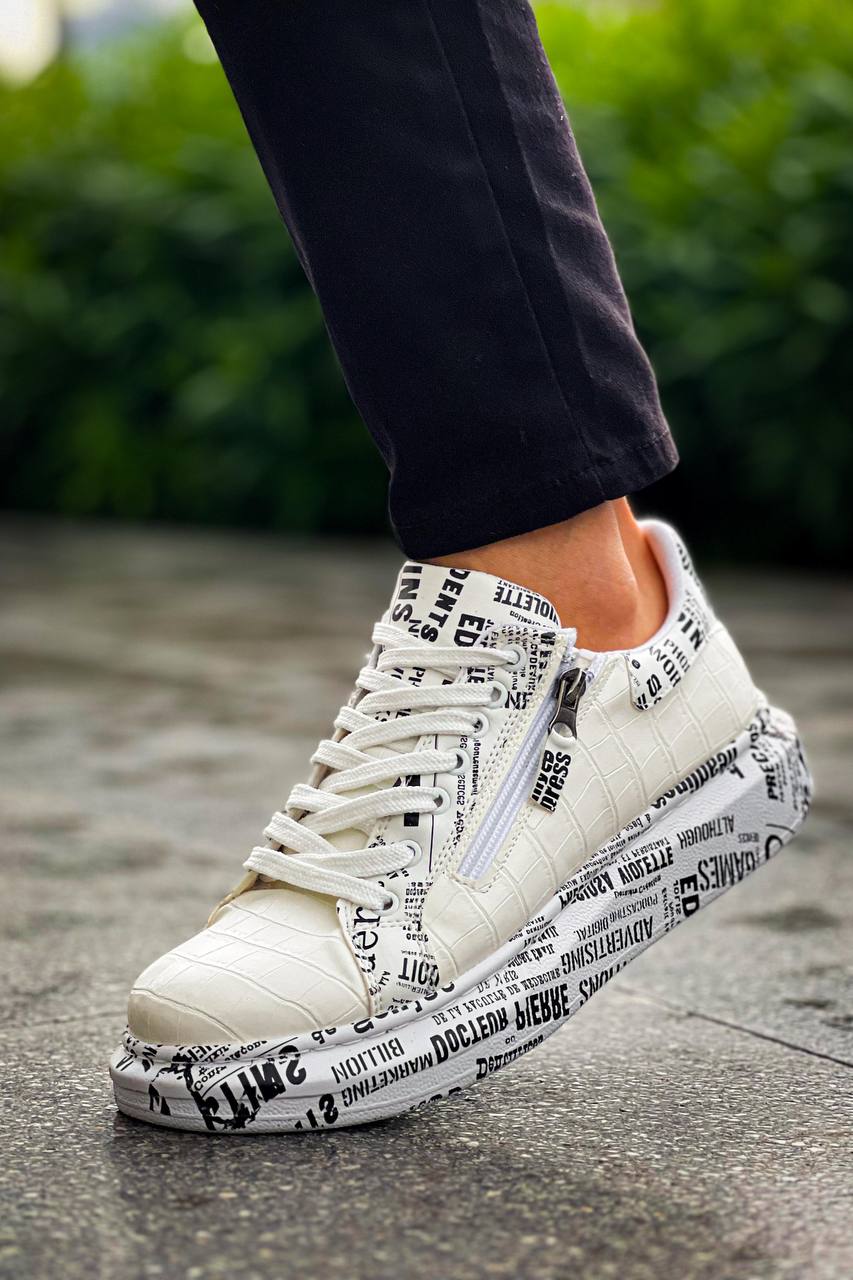 ZRK-X02 Premium Fermuarlı Bağcıklı Crocodile Beyaz Gazete Erkek Sneaker