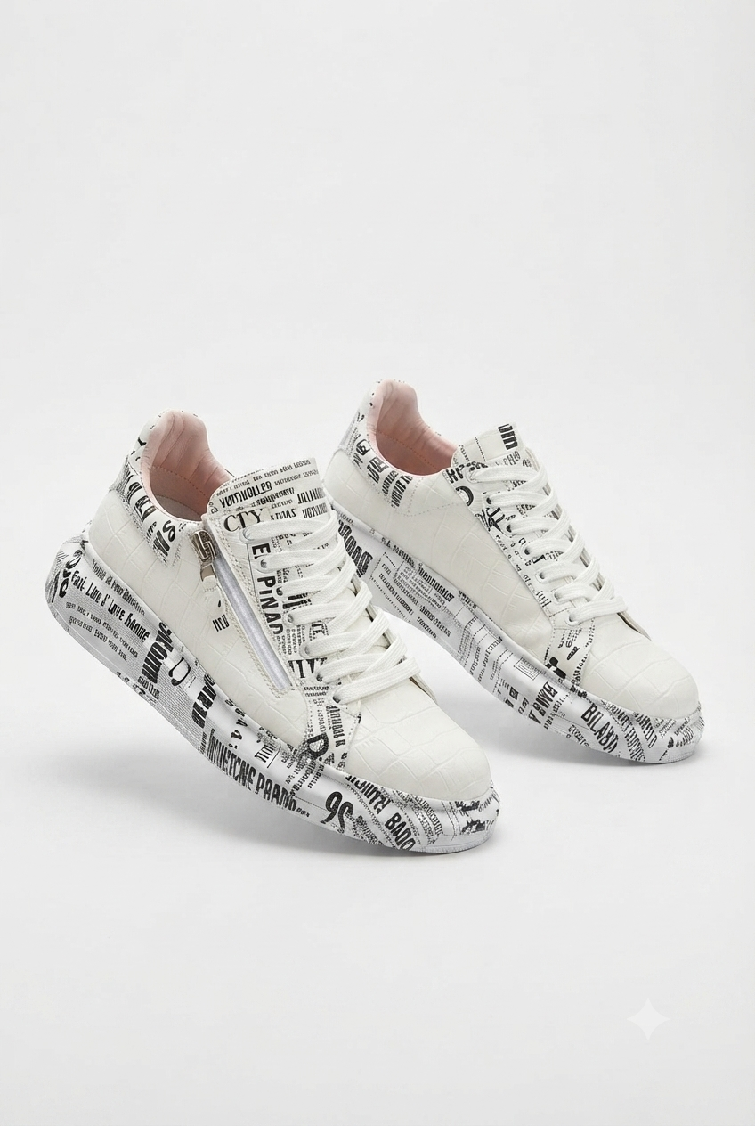 ZRK-X02 Premium Fermuarlı Bağcıklı Crocodile Beyaz Gazete Erkek Sneaker