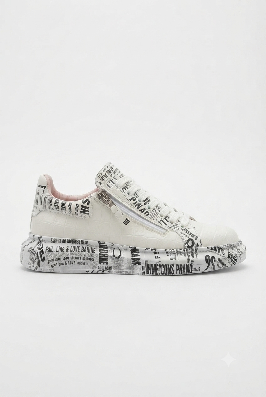ZRK-X02 Premium Fermuarlı Bağcıklı Crocodile Beyaz Gazete Erkek Sneaker