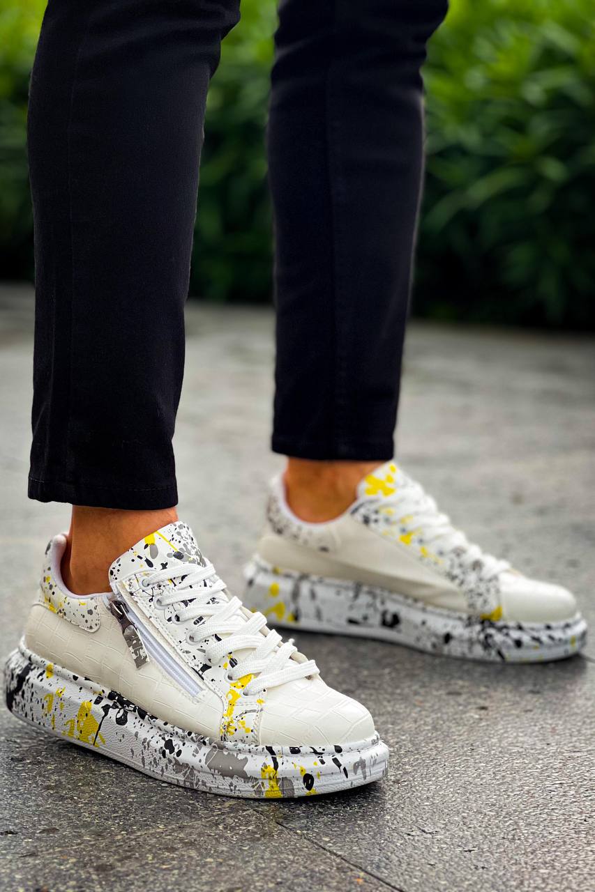 ZRK-X02 Premium Fermuarlı Bağcıklı Crocodile Beyaz Sarı Erkek Sneaker