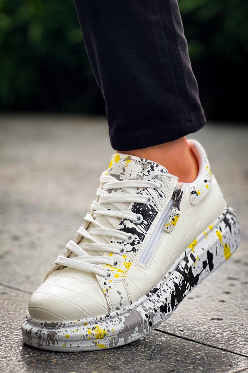 ZRK-X02 Premium Fermuarlı Bağcıklı Crocodile Beyaz Sarı Erkek Sneaker