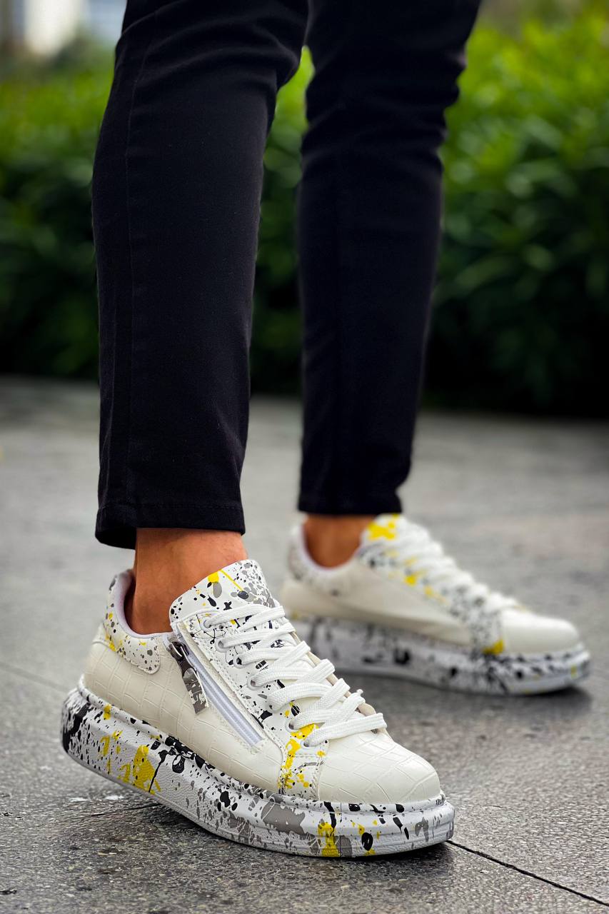 ZRK-X02 Premium Fermuarlı Bağcıklı Crocodile Beyaz Sarı Erkek Sneaker