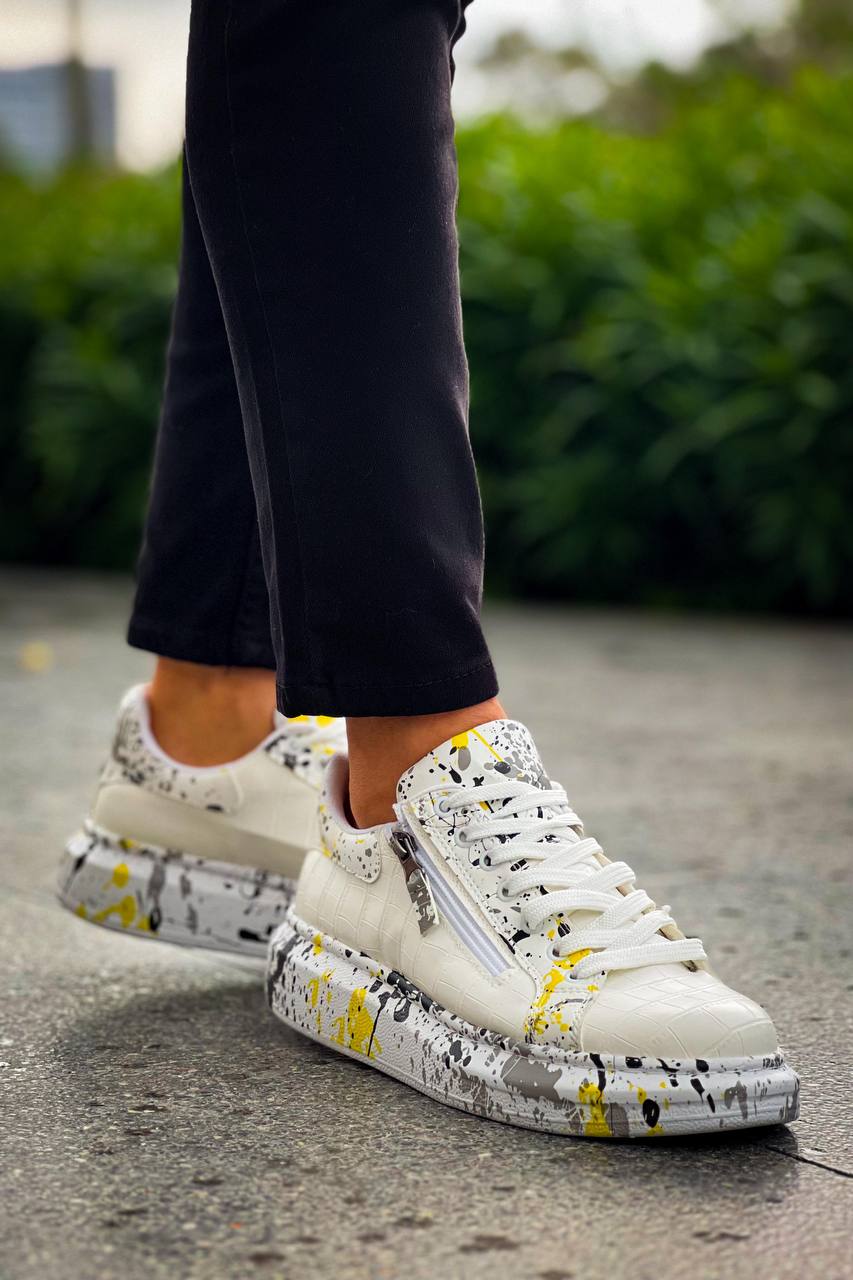 ZRK-X02 Premium Fermuarlı Bağcıklı Crocodile Beyaz Sarı Erkek Sneaker