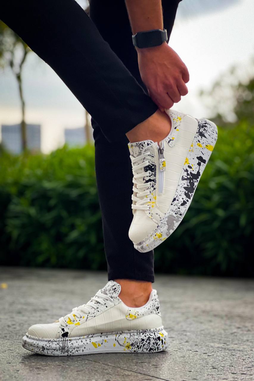 ZRK-X02 Premium Fermuarlı Bağcıklı Crocodile Beyaz Sarı Erkek Sneaker