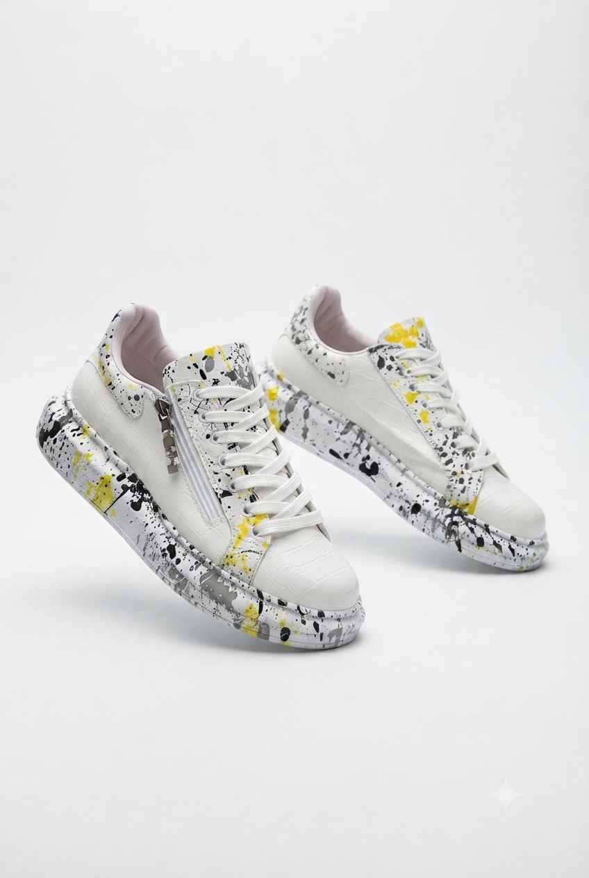 ZRK-X02 Premium Fermuarlı Bağcıklı Crocodile Beyaz Sarı Erkek Sneaker