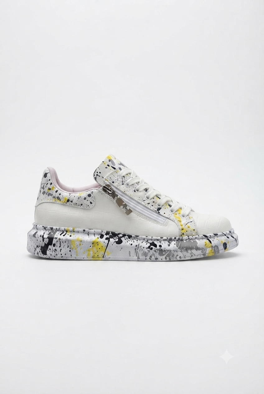 ZRK-X02 Premium Fermuarlı Bağcıklı Crocodile Beyaz Sarı Erkek Sneaker