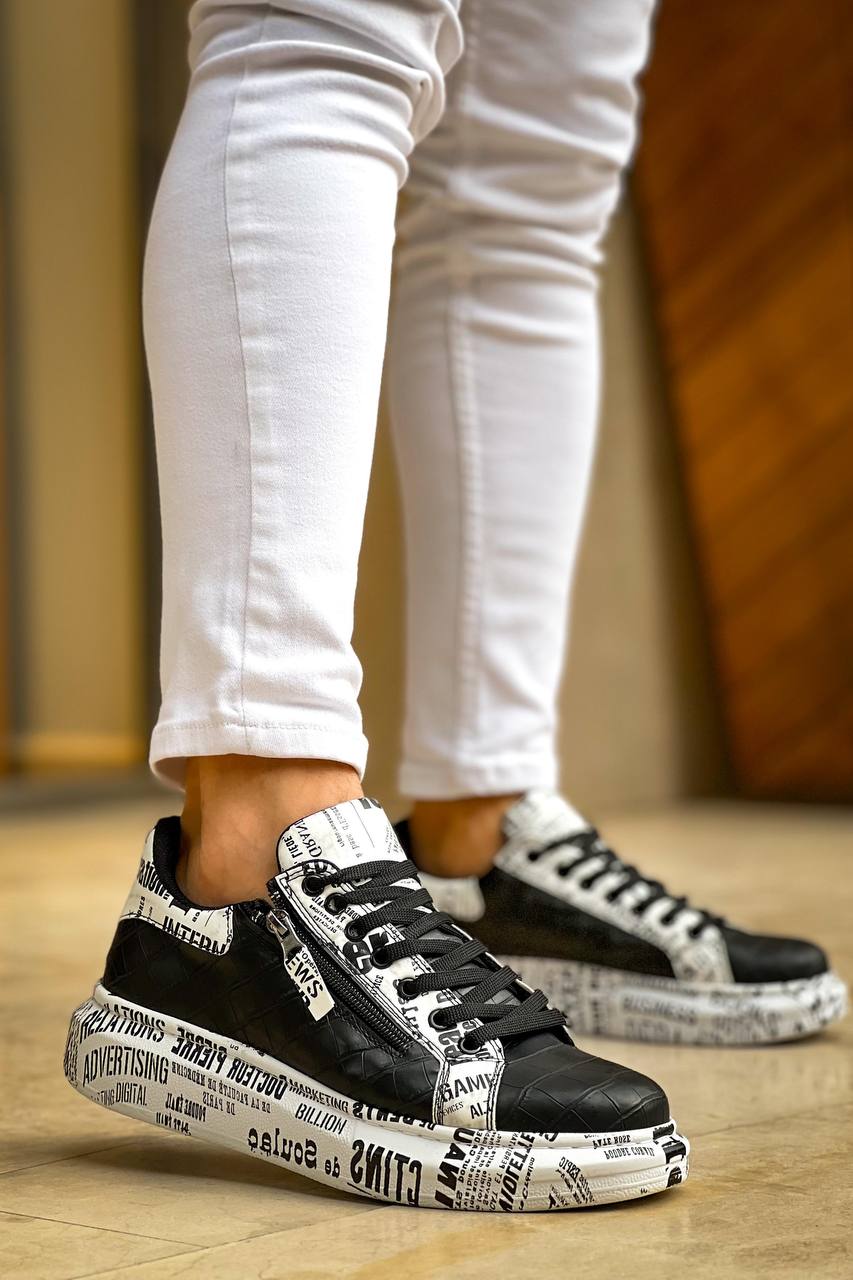ZRK-X02 Premium Fermuarlı Bağcıklı Crocodile Siyah Gazete Erkek Sneaker