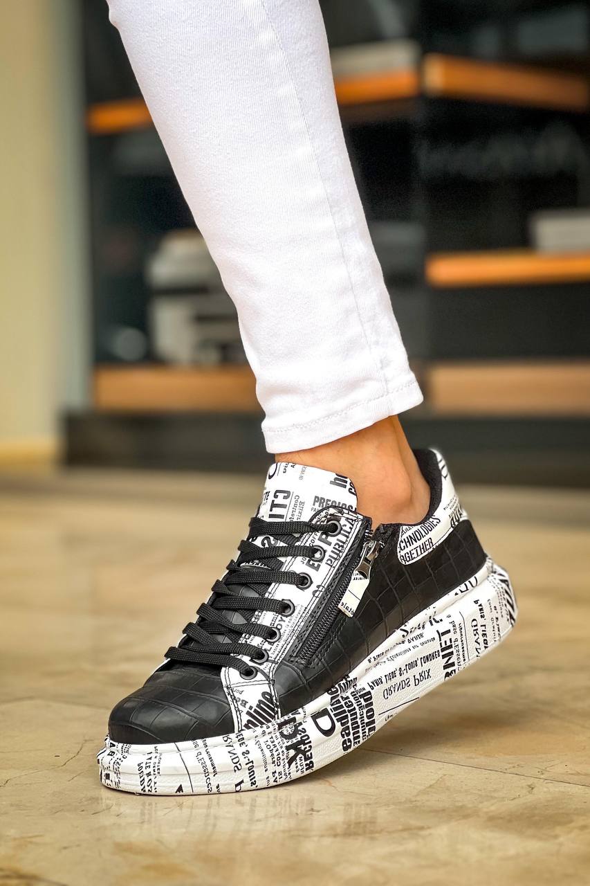 ZRK-X02 Premium Fermuarlı Bağcıklı Crocodile Siyah Gazete Erkek Sneaker