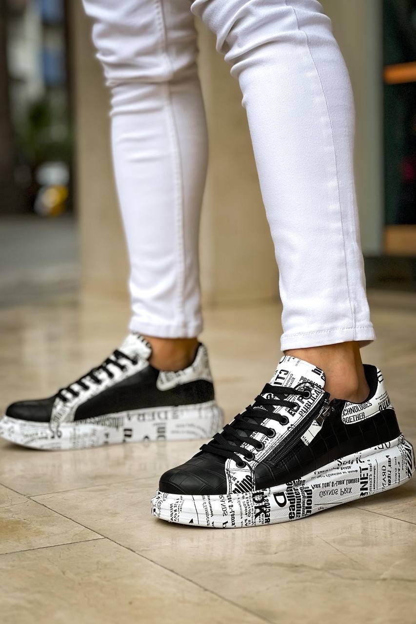 ZRK-X02 Premium Fermuarlı Bağcıklı Crocodile Siyah Gazete Erkek Sneaker