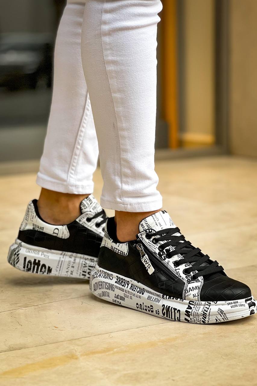 ZRK-X02 Premium Fermuarlı Bağcıklı Crocodile Siyah Gazete Erkek Sneaker