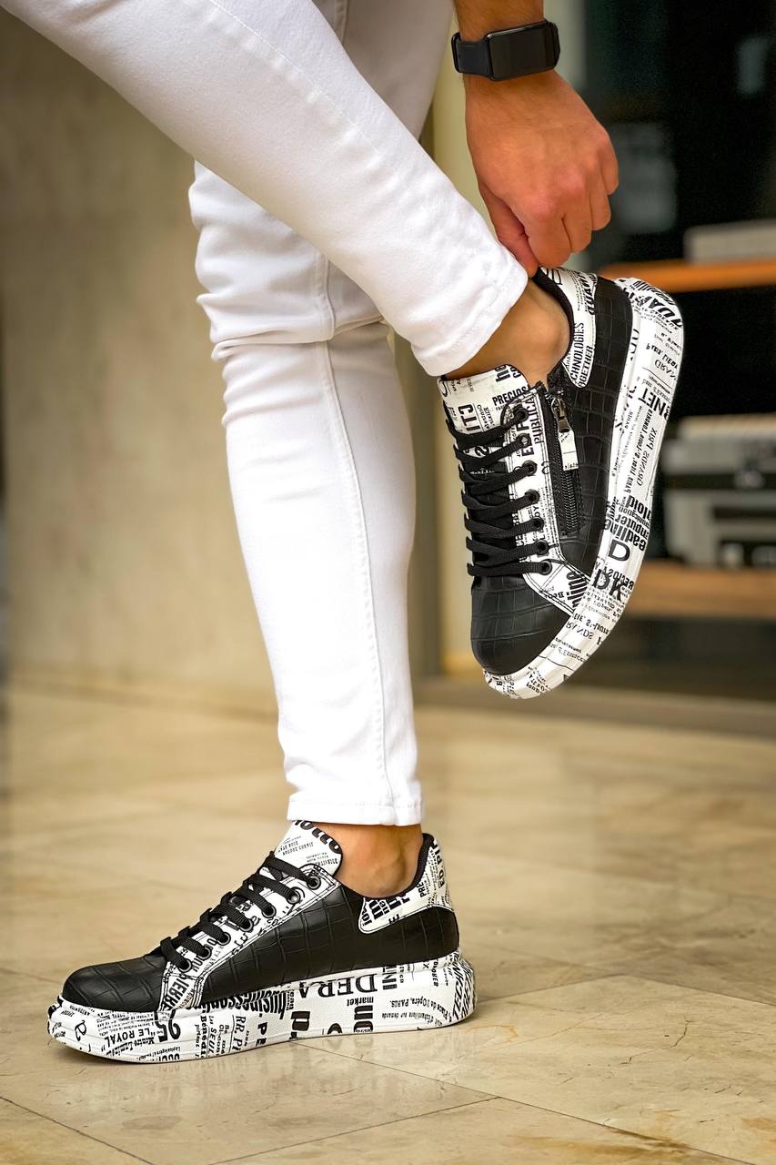 ZRK-X02 Premium Fermuarlı Bağcıklı Crocodile Siyah Gazete Erkek Sneaker