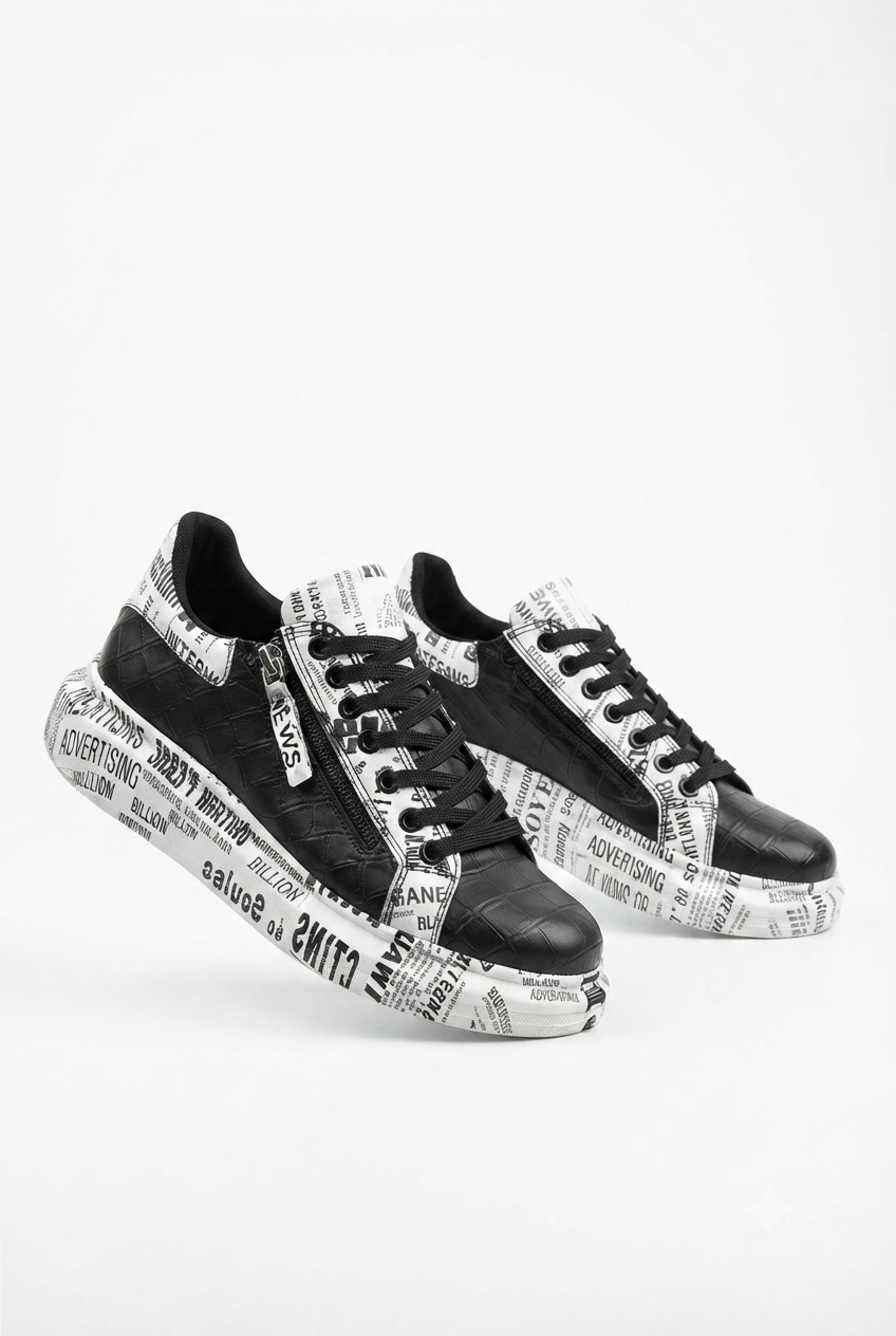 ZRK-X02 Premium Fermuarlı Bağcıklı Crocodile Siyah Gazete Erkek Sneaker