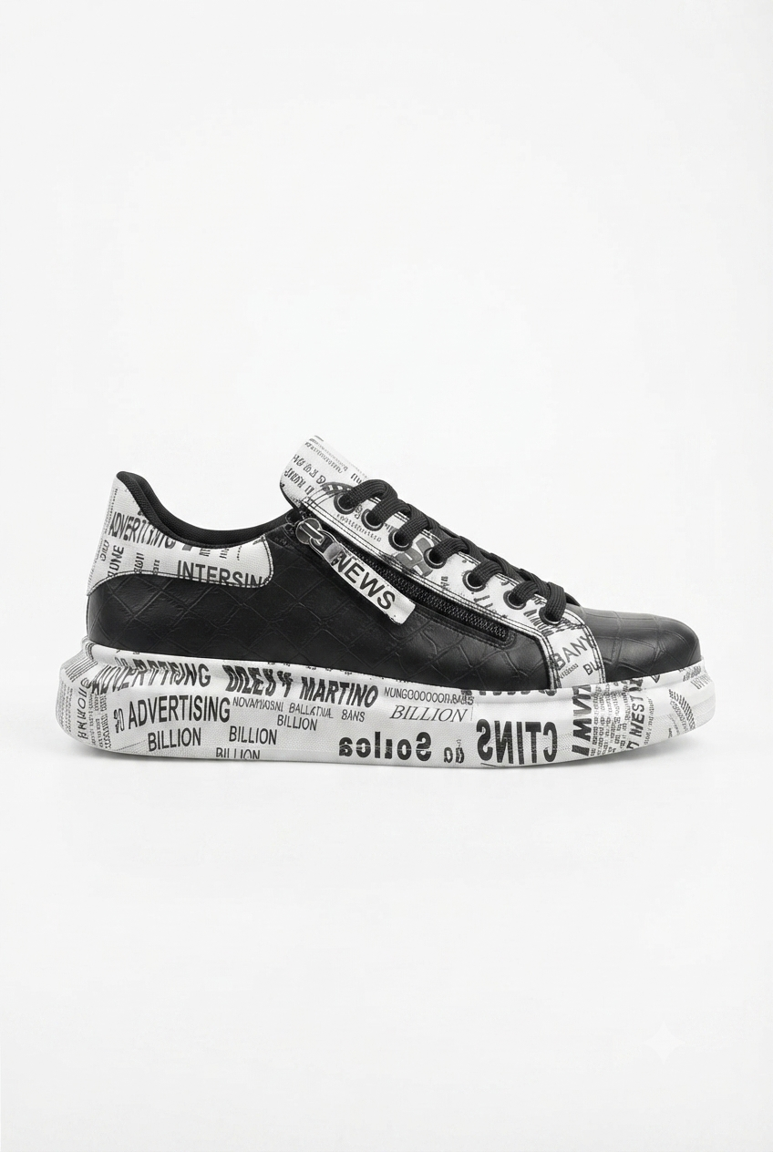 ZRK-X02 Premium Fermuarlı Bağcıklı Crocodile Siyah Gazete Erkek Sneaker
