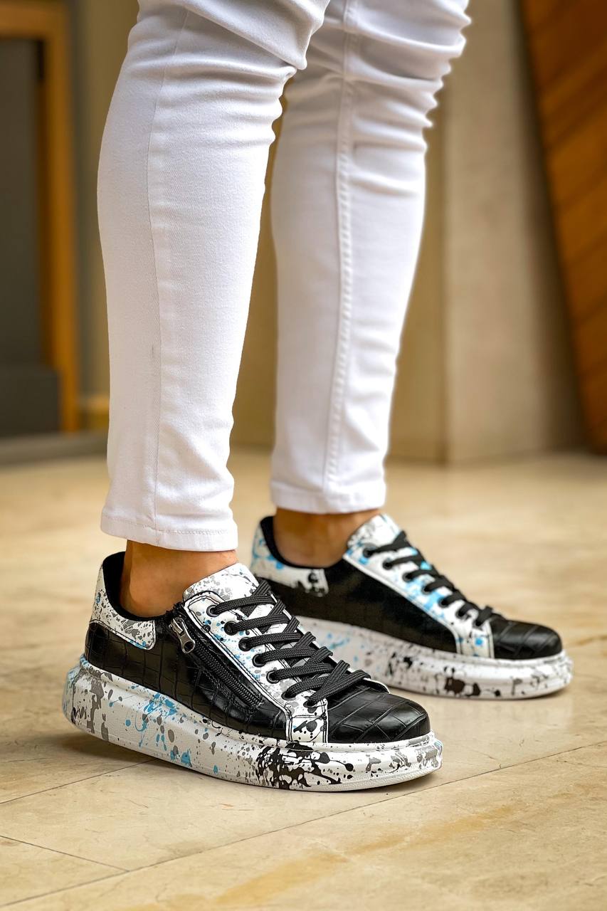ZRK-X02 Premium Fermuarlı Bağcıklı Crocodile Siyah Mavi Erkek Sneaker