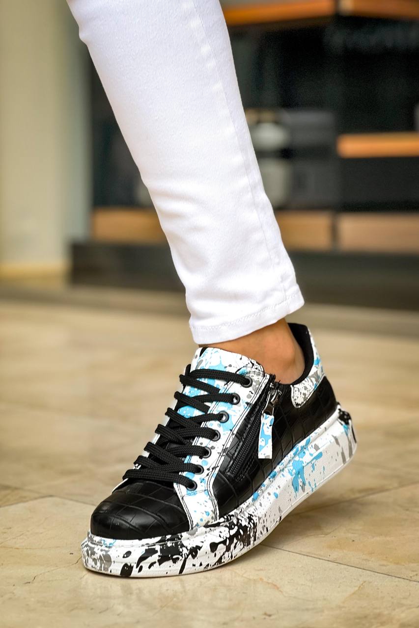 ZRK-X02 Premium Fermuarlı Bağcıklı Crocodile Siyah Mavi Erkek Sneaker