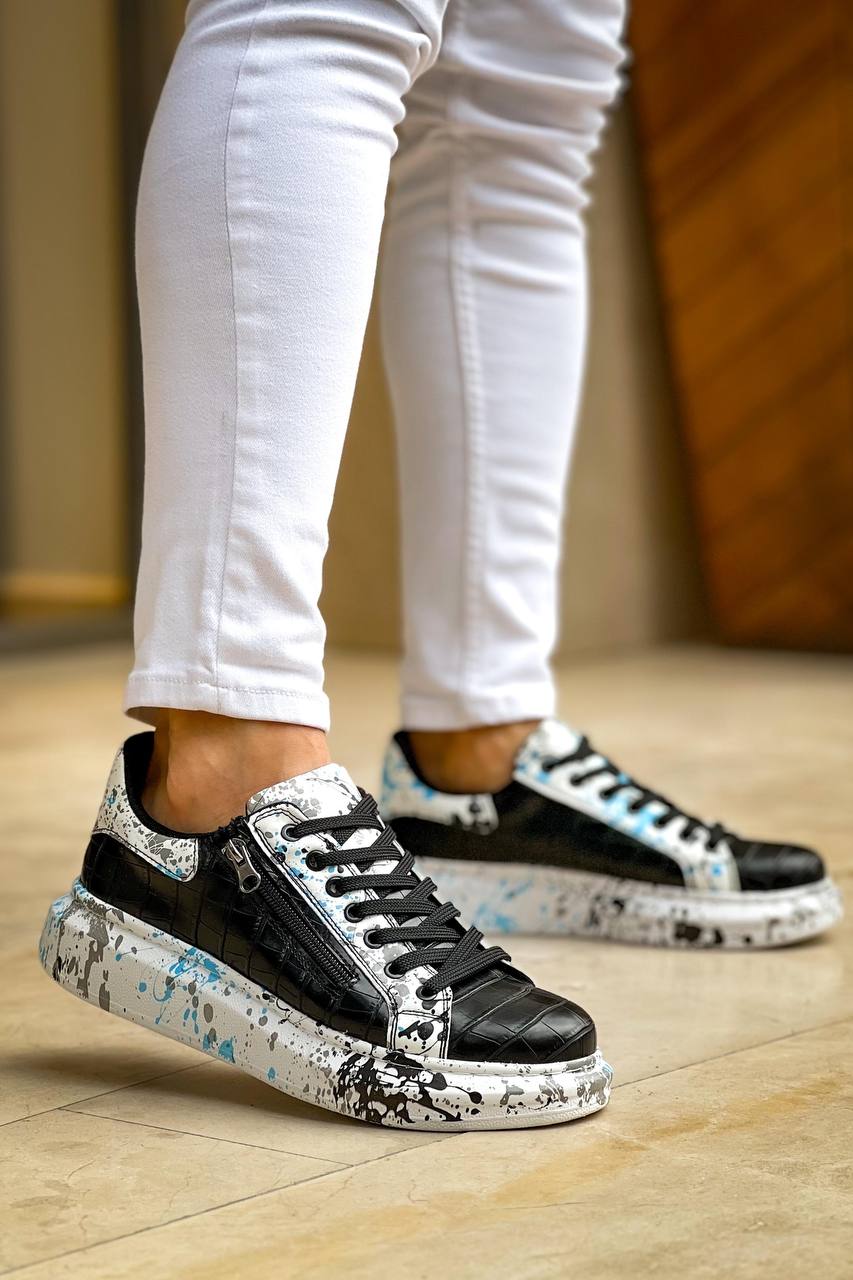 ZRK-X02 Premium Fermuarlı Bağcıklı Crocodile Siyah Mavi Erkek Sneaker