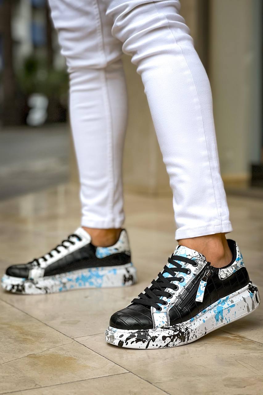 ZRK-X02 Premium Fermuarlı Bağcıklı Crocodile Siyah Mavi Erkek Sneaker