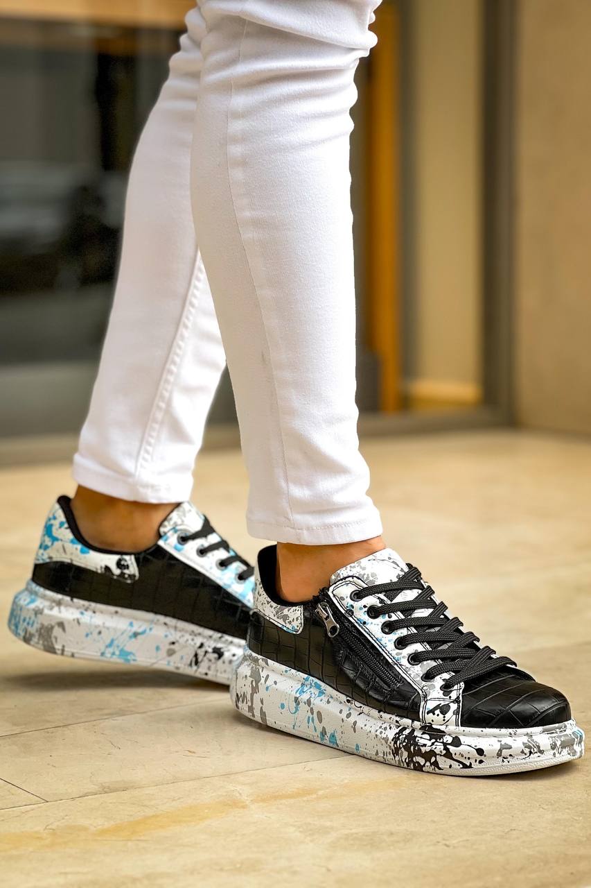 ZRK-X02 Premium Fermuarlı Bağcıklı Crocodile Siyah Mavi Erkek Sneaker