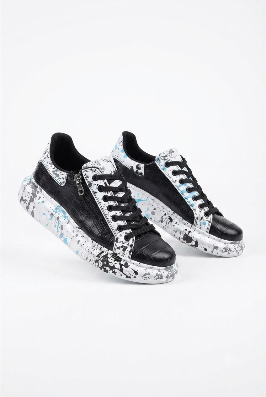 ZRK-X02 Premium Fermuarlı Bağcıklı Crocodile Siyah Mavi Erkek Sneaker