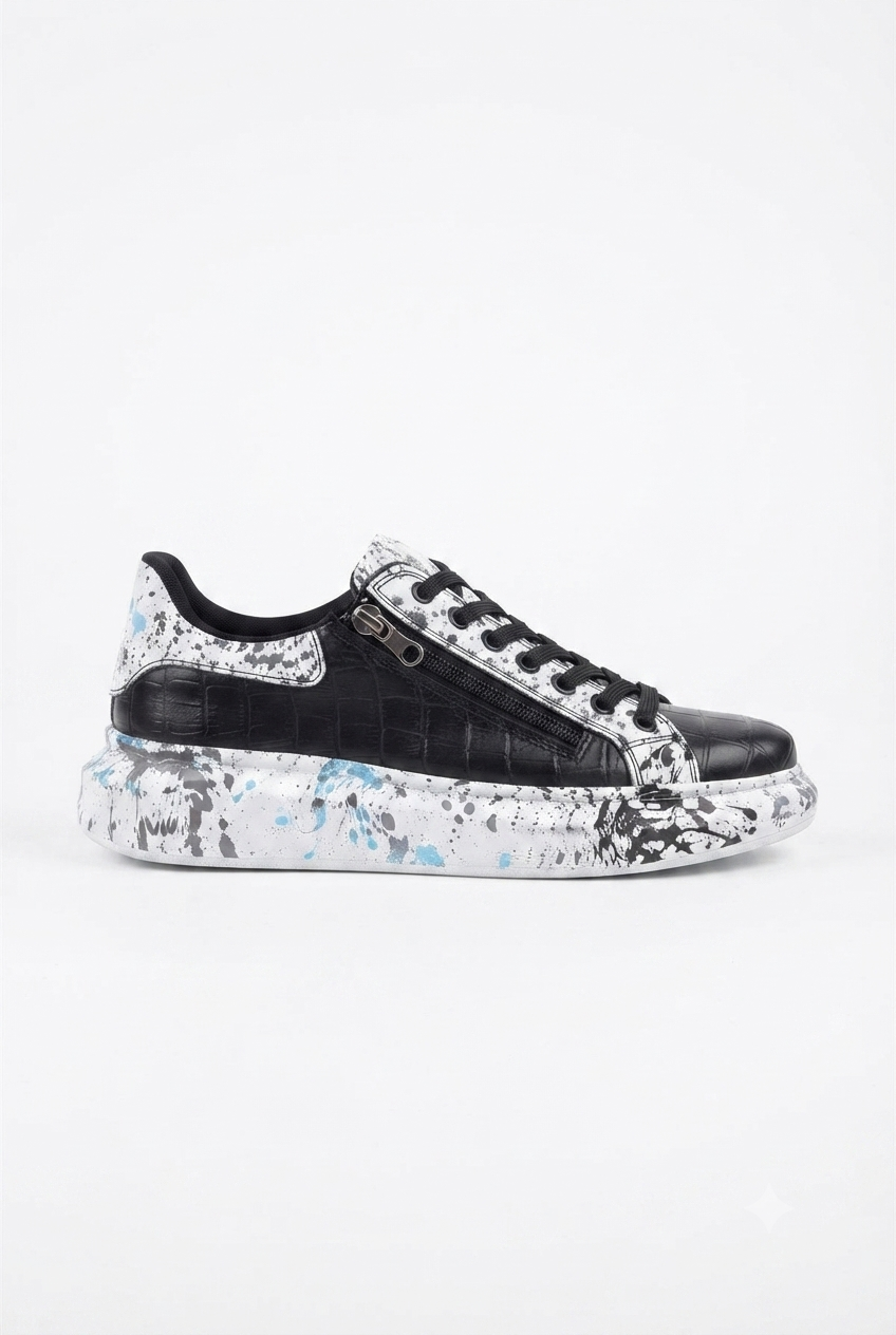 ZRK-X02 Premium Fermuarlı Bağcıklı Crocodile Siyah Mavi Erkek Sneaker
