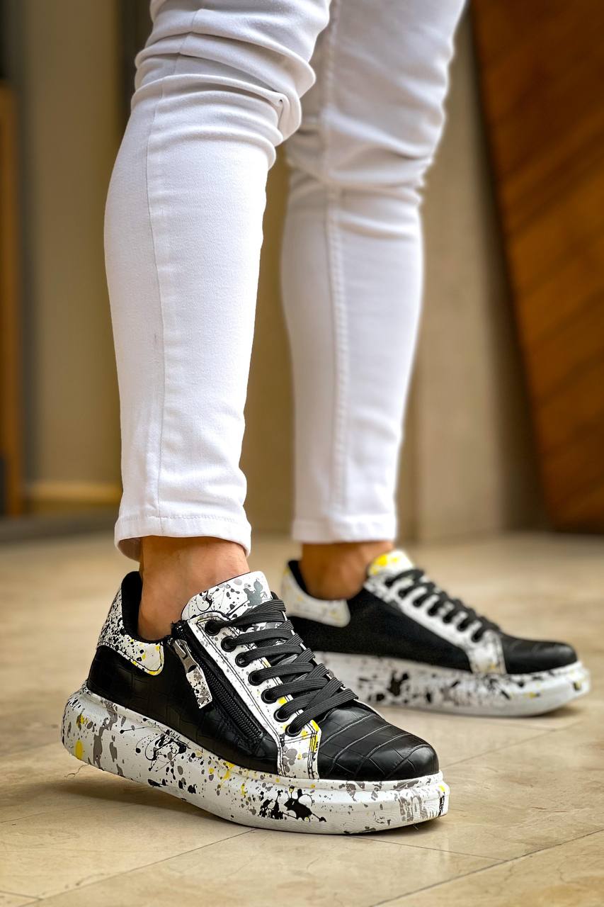 ZRK-X02 Premium Fermuarlı Bağcıklı Crocodile Siyah Sarı Erkek Sneaker