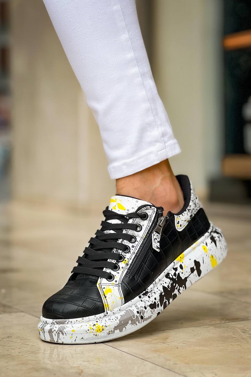 ZRK-X02 Premium Fermuarlı Bağcıklı Crocodile Siyah Sarı Erkek Sneaker