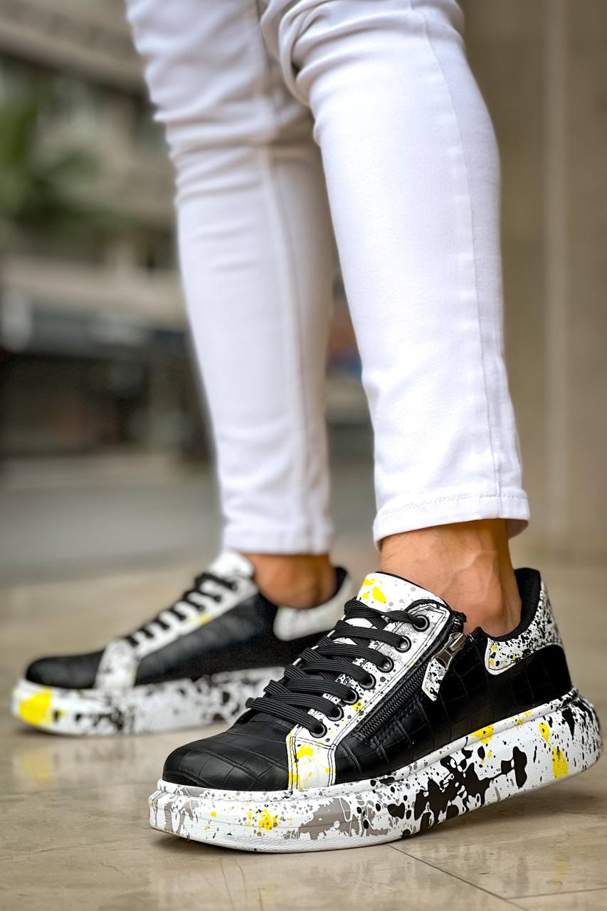 ZRK-X02 Premium Fermuarlı Bağcıklı Crocodile Siyah Sarı Erkek Sneaker