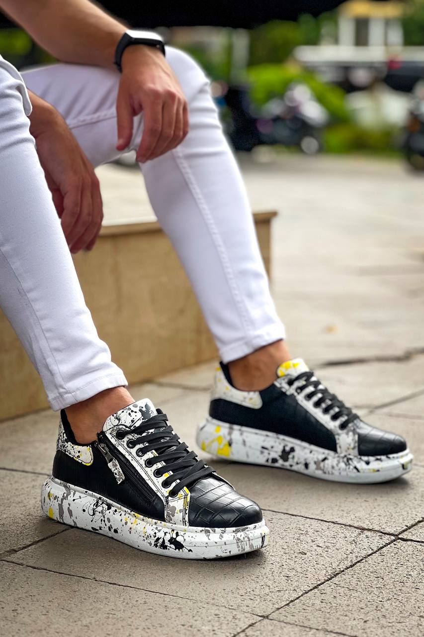 ZRK-X02 Premium Fermuarlı Bağcıklı Crocodile Siyah Sarı Erkek Sneaker