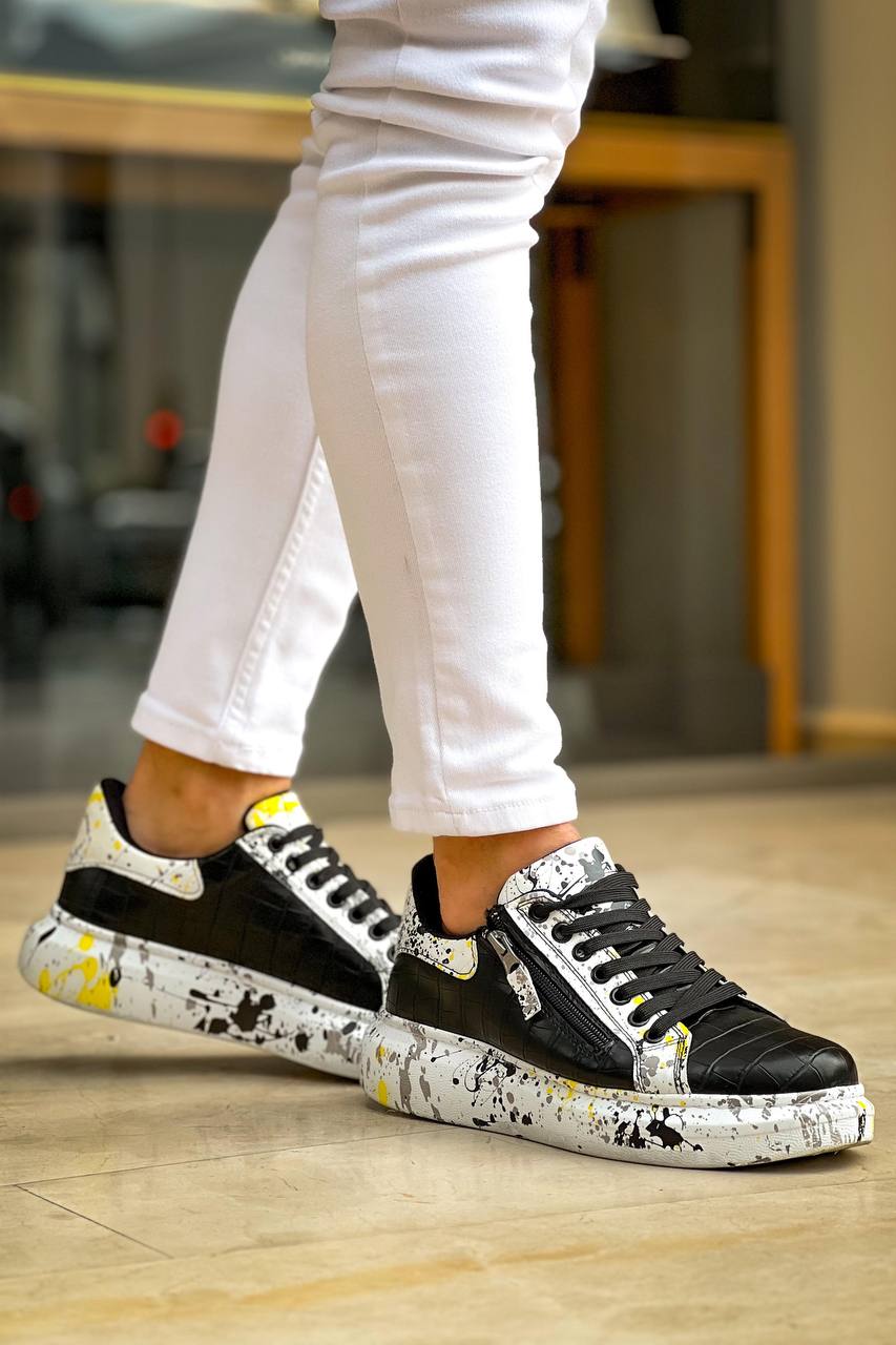 ZRK-X02 Premium Fermuarlı Bağcıklı Crocodile Siyah Sarı Erkek Sneaker